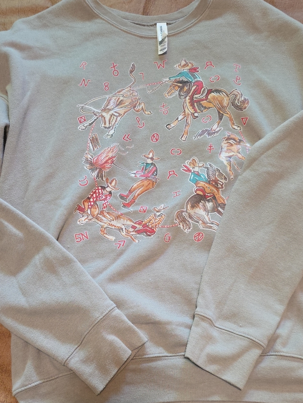 Western Rodeo Graphic Sweatshirt in Taupe with Multicolor Print and Bling On It
